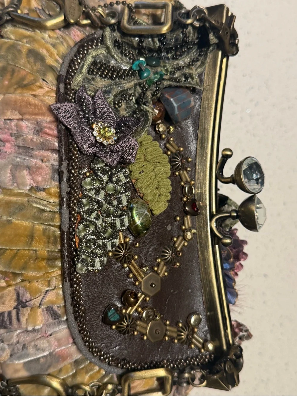Mary Frances Olive Multi Ruffled Beaded Velvet Clutch